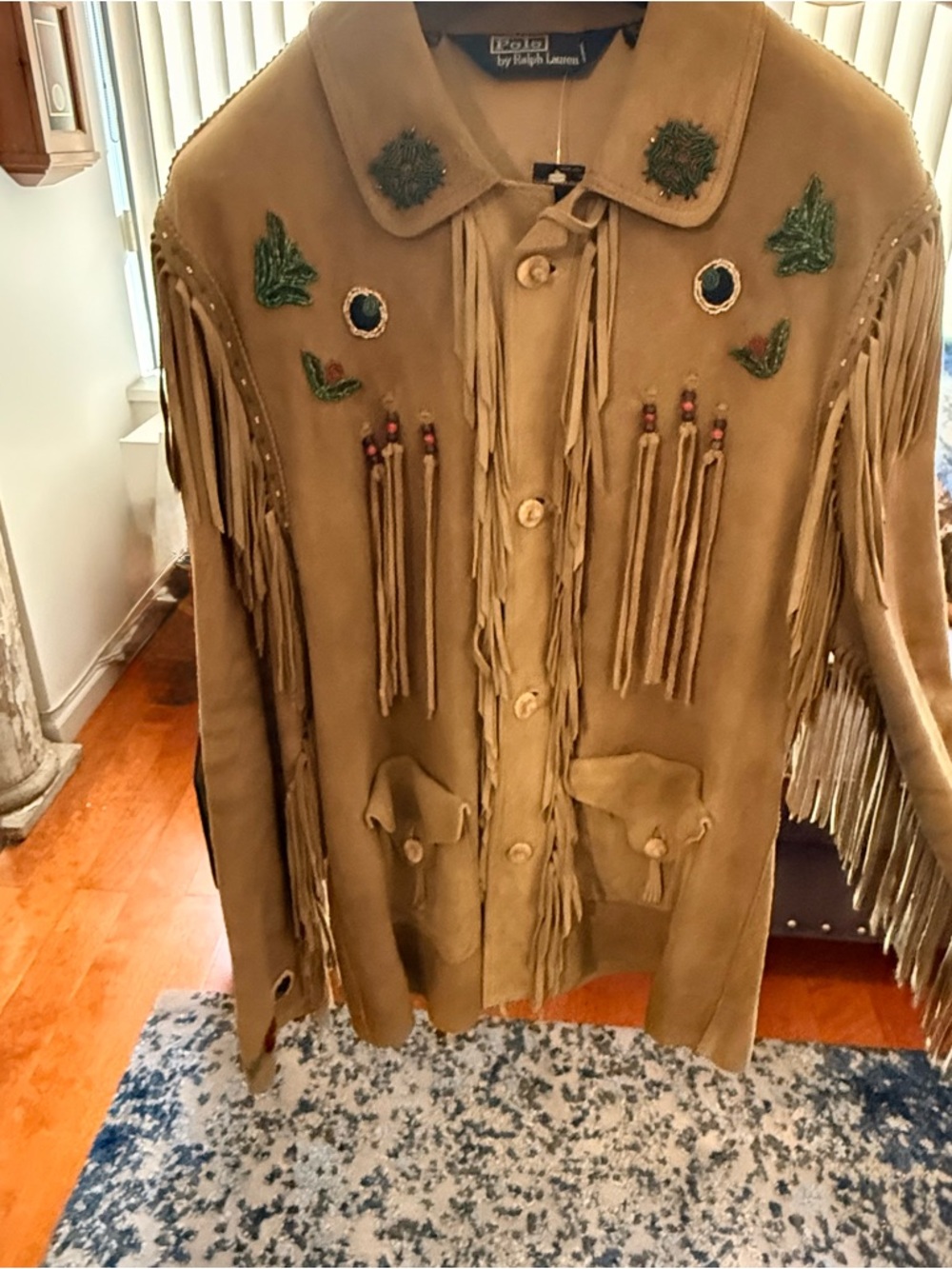 Ralph Lauren Tan Suede Fringe Jacket with hand beaded Accents